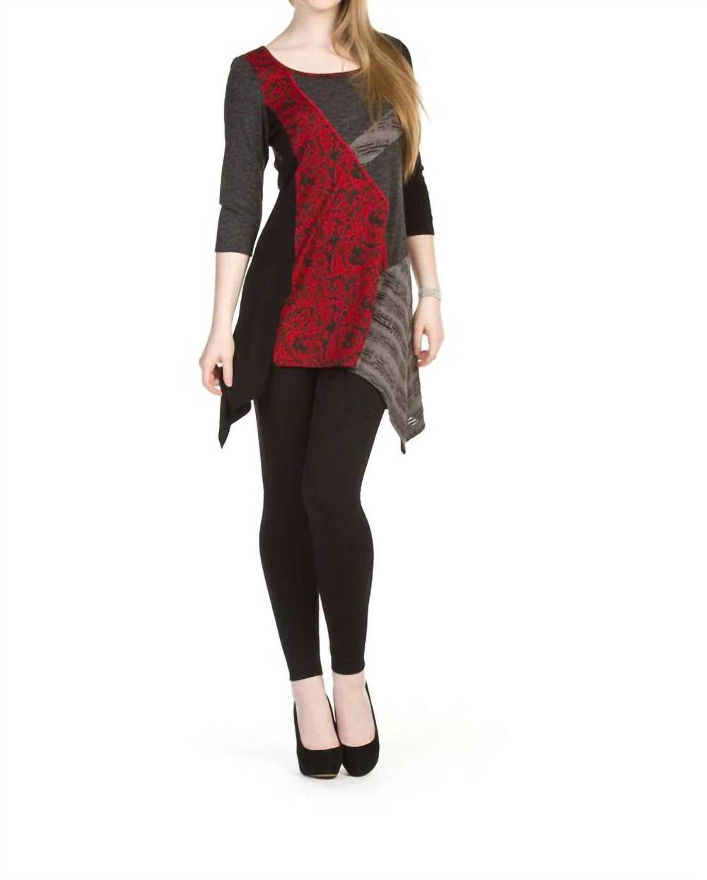 NEW PAPILLON textured patch 3/4 sleeve top in charcoal